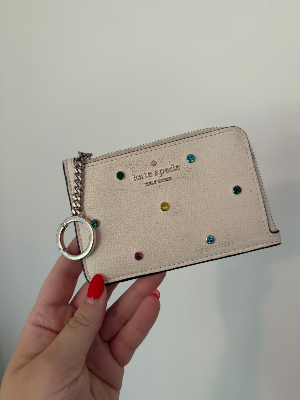 kate spade cream zip card holder with jeweled studs and key ring